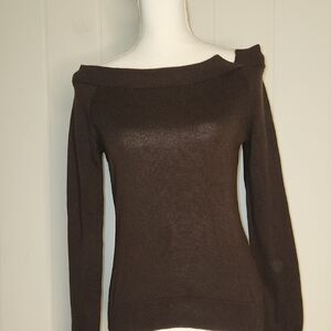 Vintage Brown Off-Shoulder Sweater Neutral Western Chic Preppy Knit Pullover